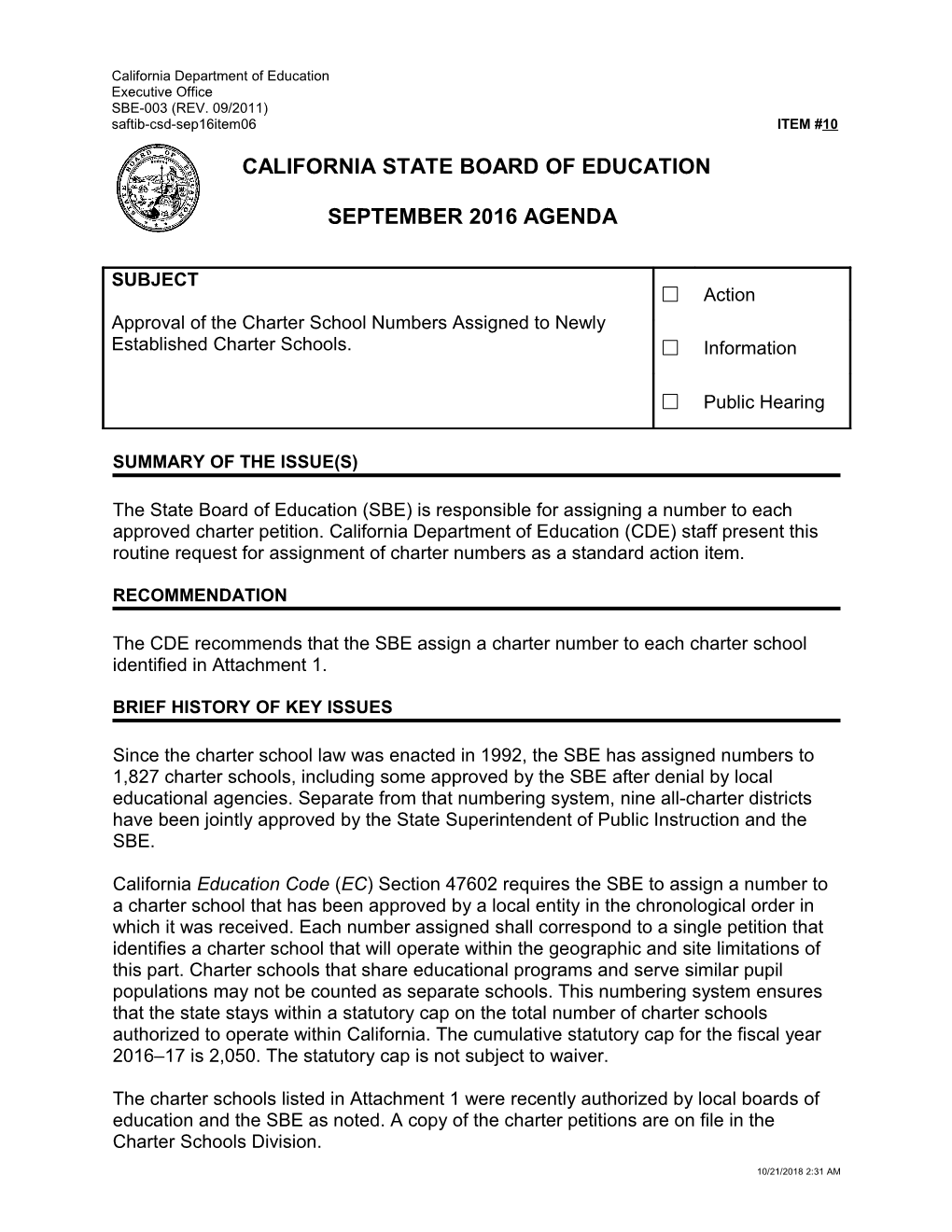 September 2016 Agenda Item 10 - Meeting Agendas (CA State Board of Education)