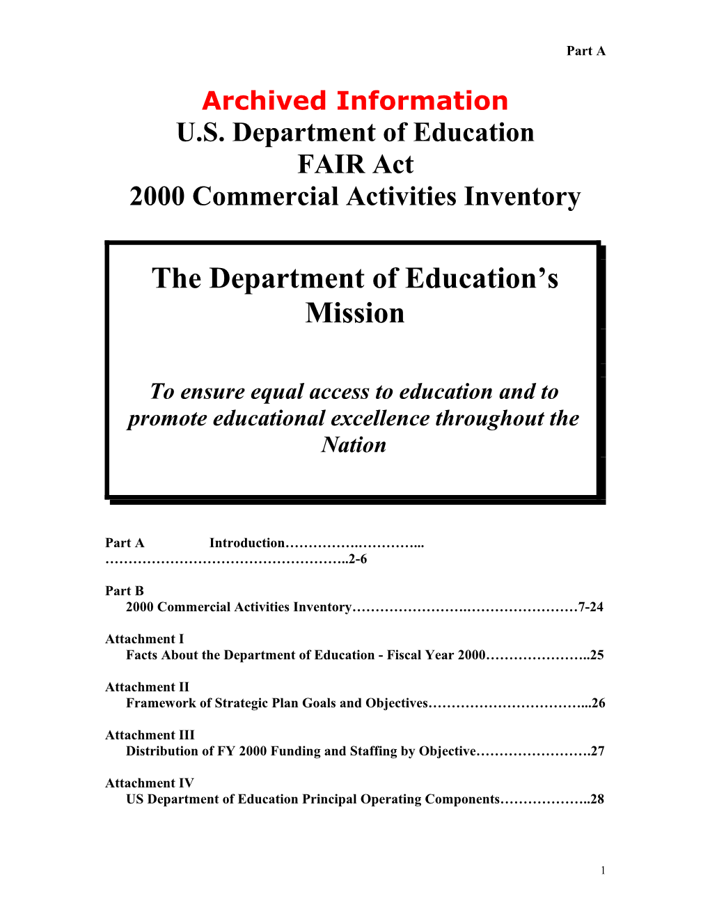 Archived: U.S. Department of Education FAIR Act 2000 Commercial Activities Inventory