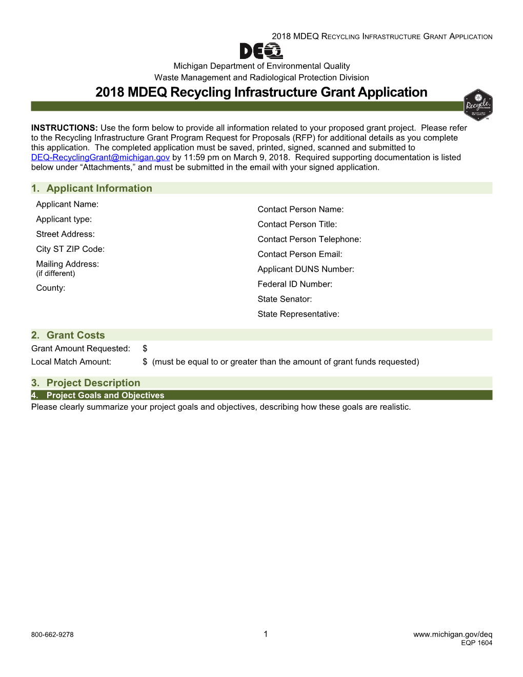 2018 MDEQ Recycling Infrastructure Grant Application