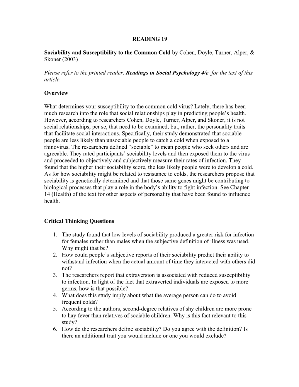 Sociability and Susceptibility to the Common Cold by Cohen, Doyle, Turner, Alper, & Skoner