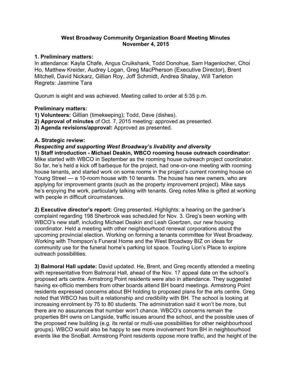 West Broadway Community Organization Board Meeting Minutes