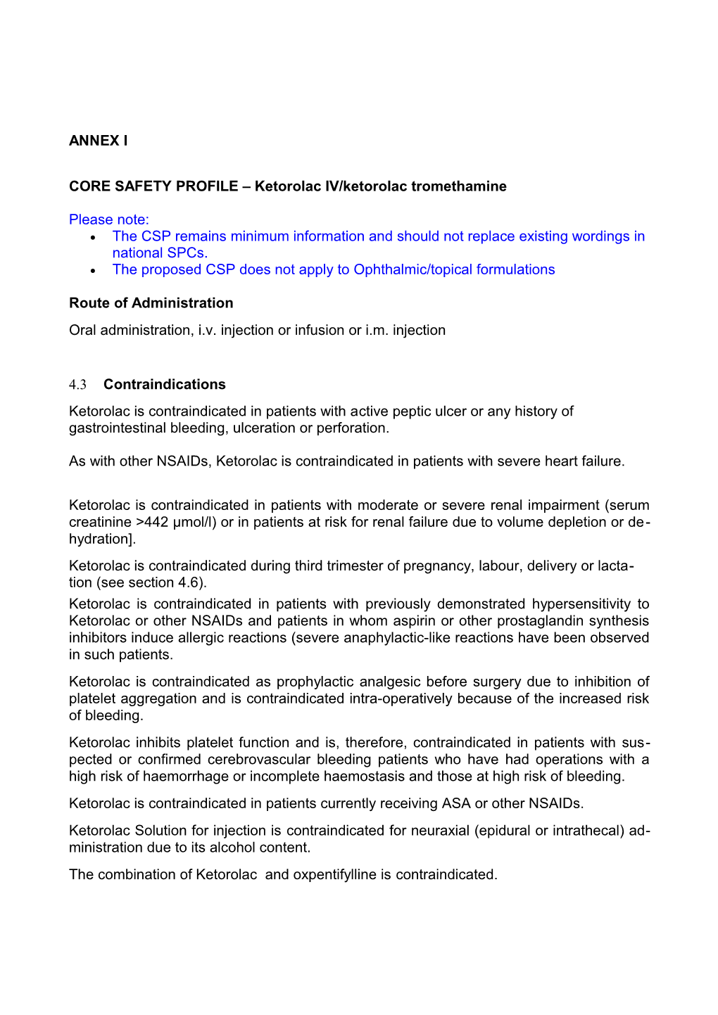 CORE SAFETY PROFILE Ketorolac IV/Ketorolac Tromethamine