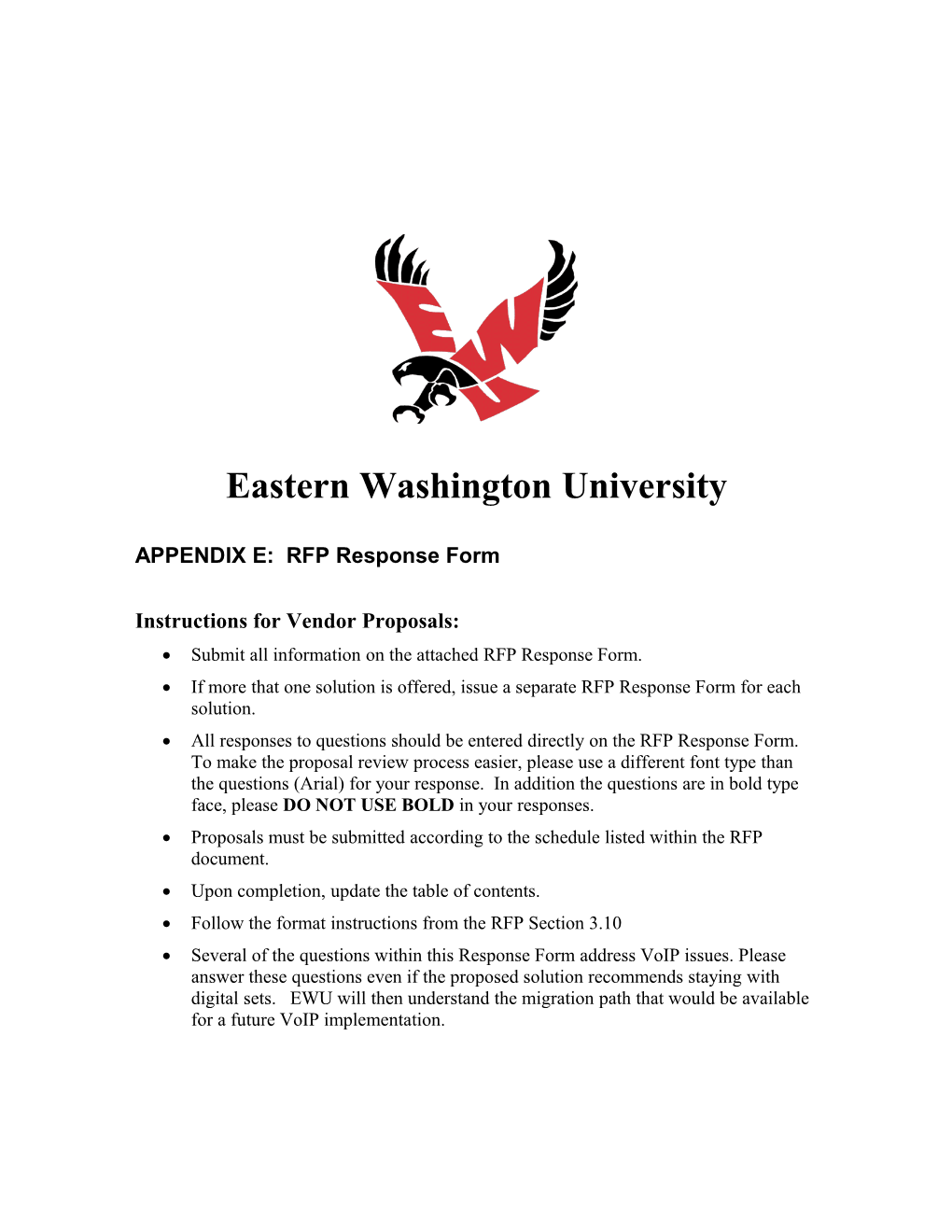 EWU Telephony Systems RFP Response Form