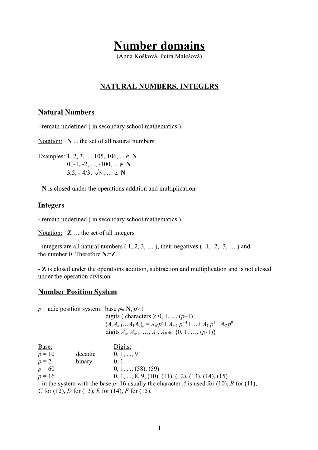 Natural Numbers, Integers