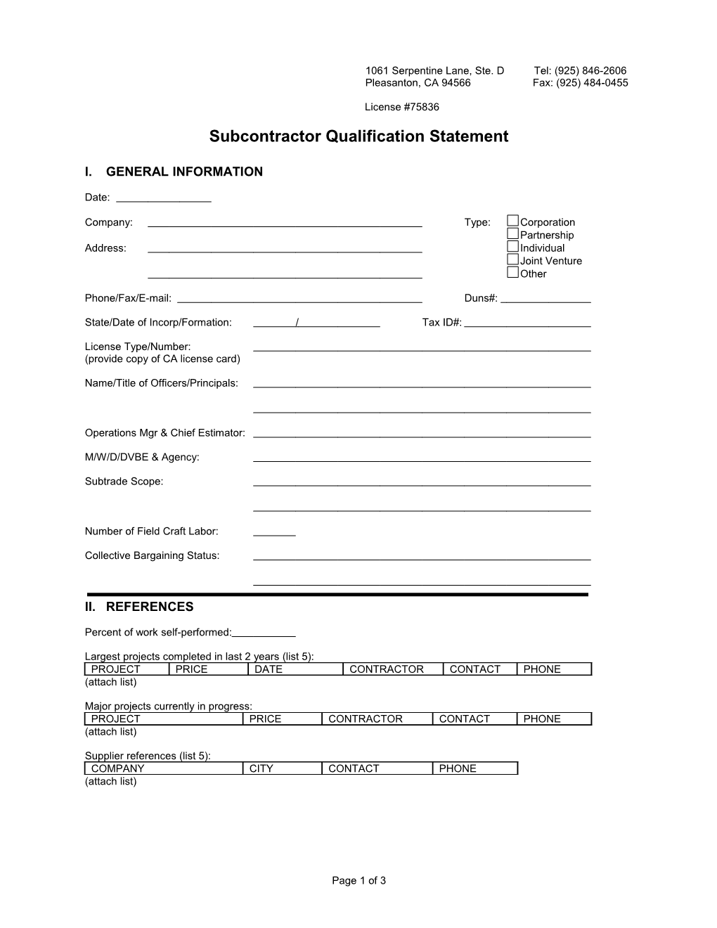 Subcontractor Qualification Statement
