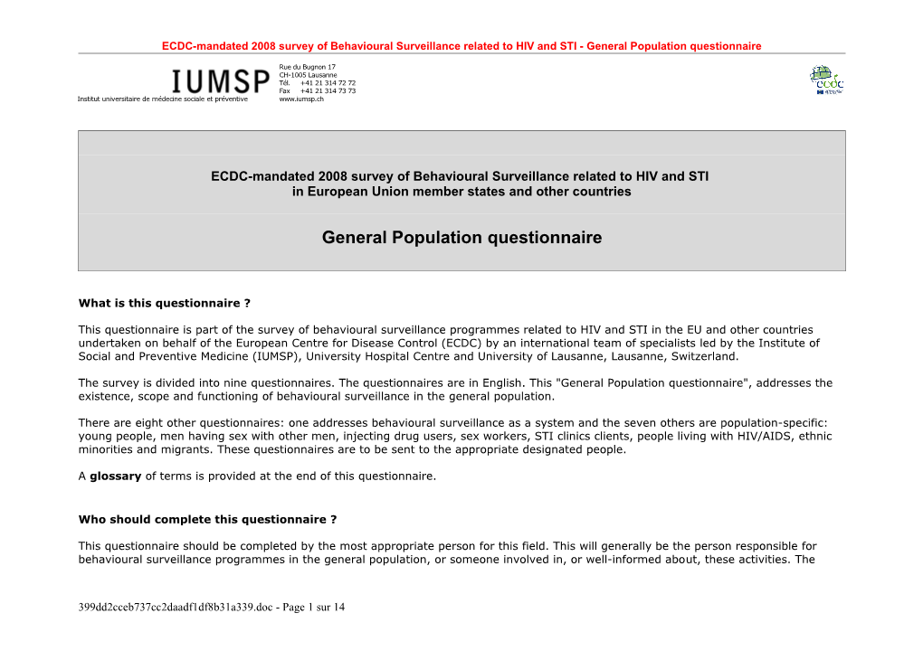 ECDC-Mandated 2008 Survey of Behavioural Surveillance Related to HIV and STI in European