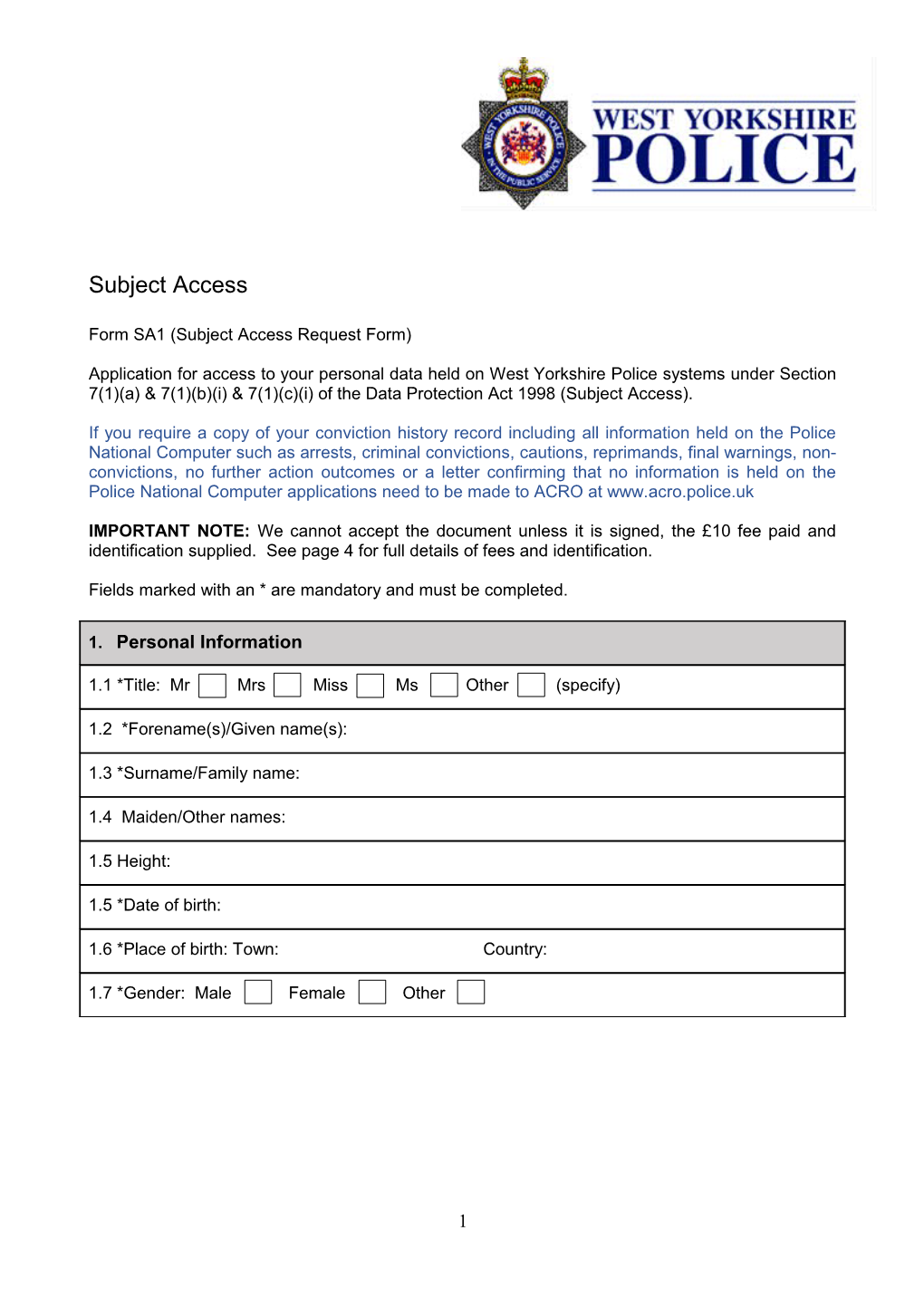 Form SA1 (Subject Access Request Form)