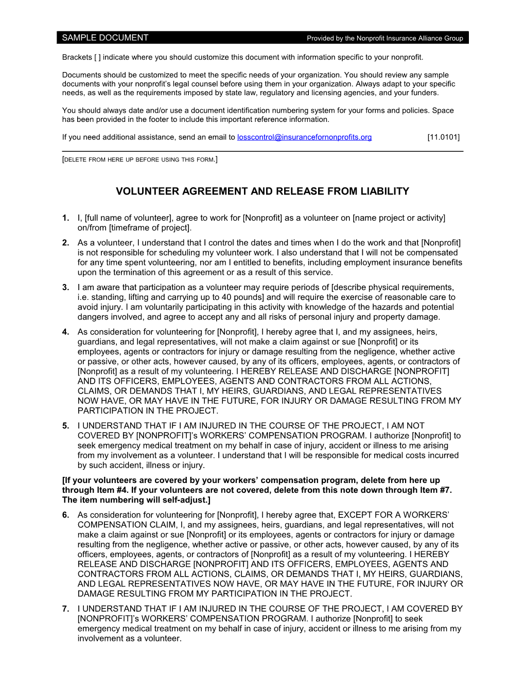 Volunteer Agreement and Release from Liability