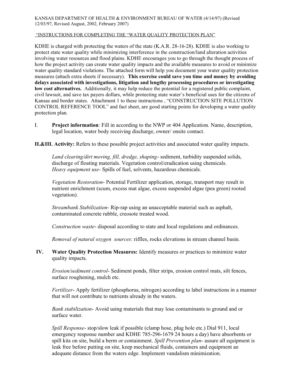 KANSAS DEPARTMENT of HEALTH & ENVIRONMENT BUREAU of WATER (4/14/97) (Revised 12/03/97