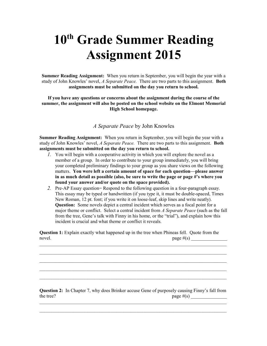 10Th Grade Summer Reading Assignment 2015