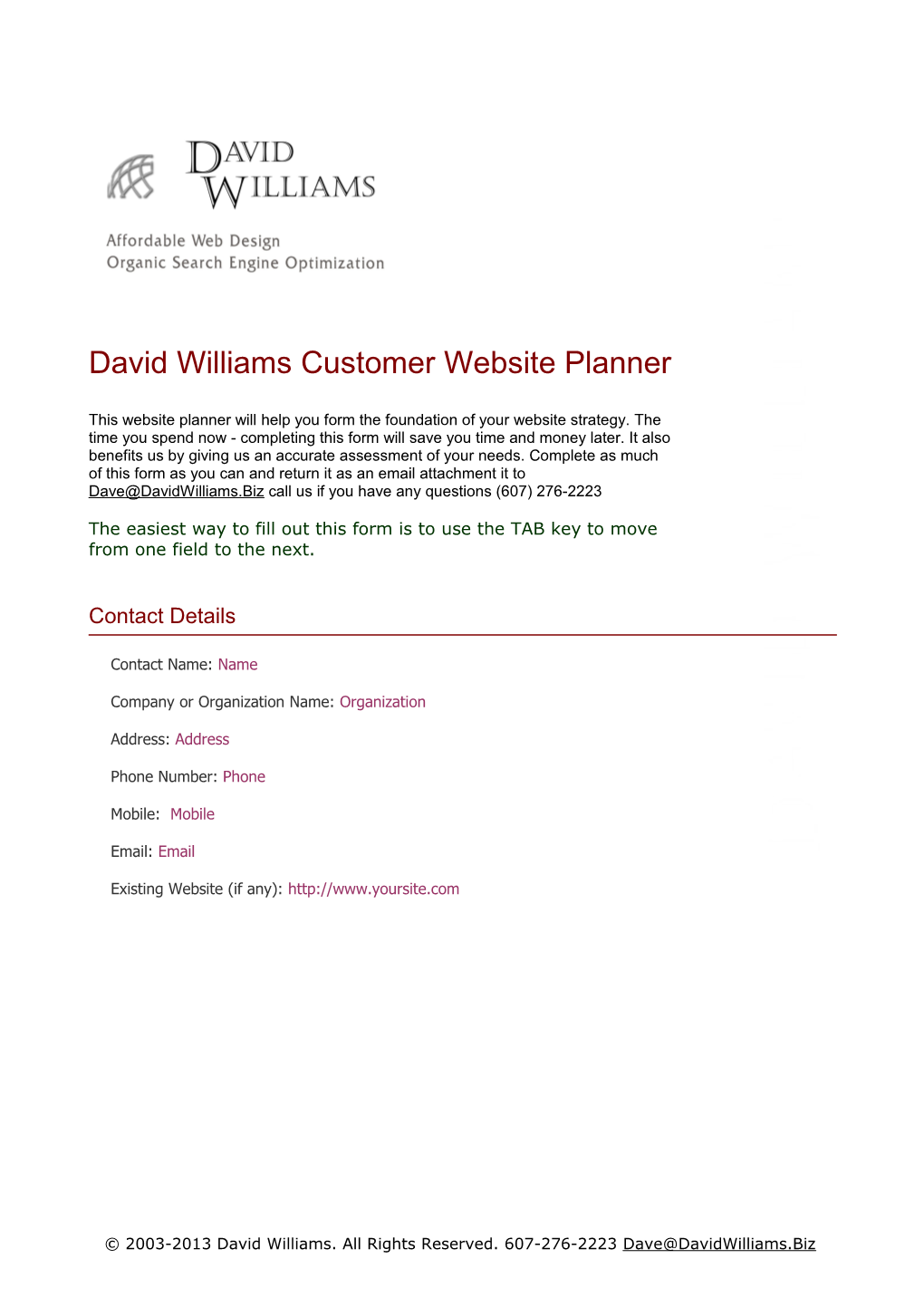 Customer Web Site Planner