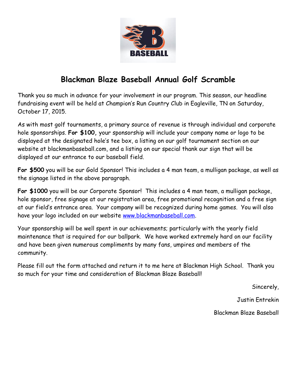 Blackman Blaze Baseball Annual Golf Scramble