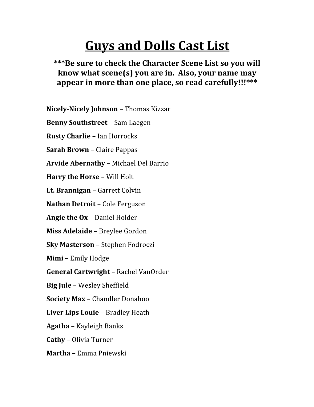 Guys and Dolls Cast List