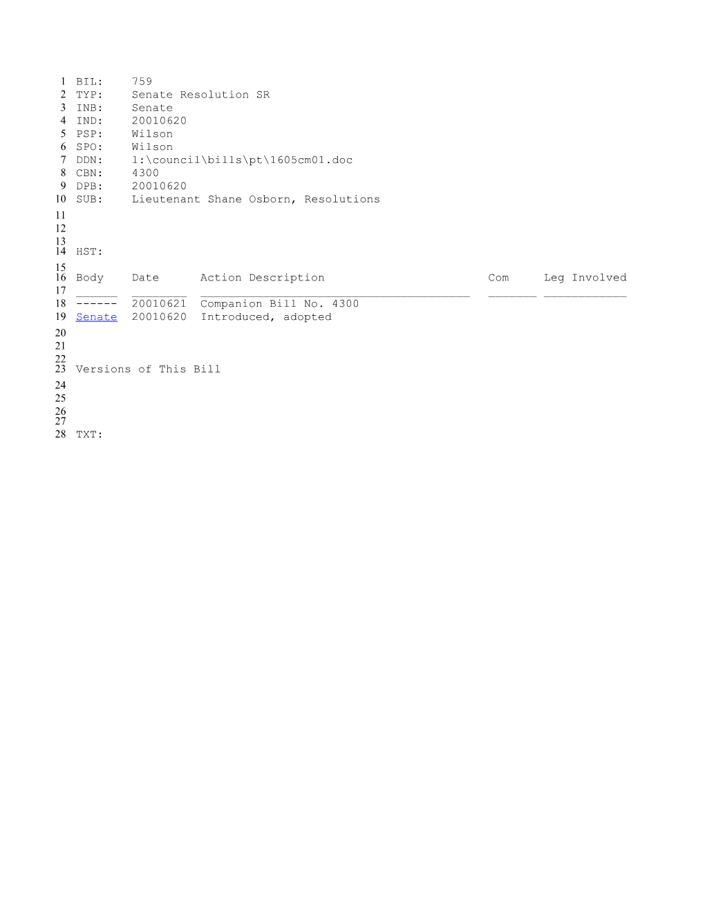 2001-2002 Bill 759: Lieutenant Shane Osborn, Resolutions - South Carolina Legislature Online