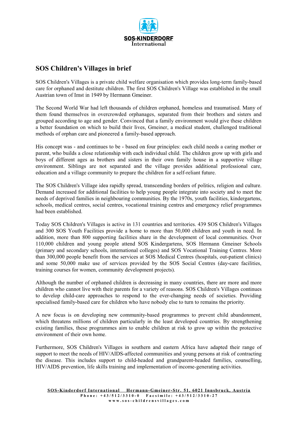 Background Information on SOS Children's Villages (DOC, 62 KB)