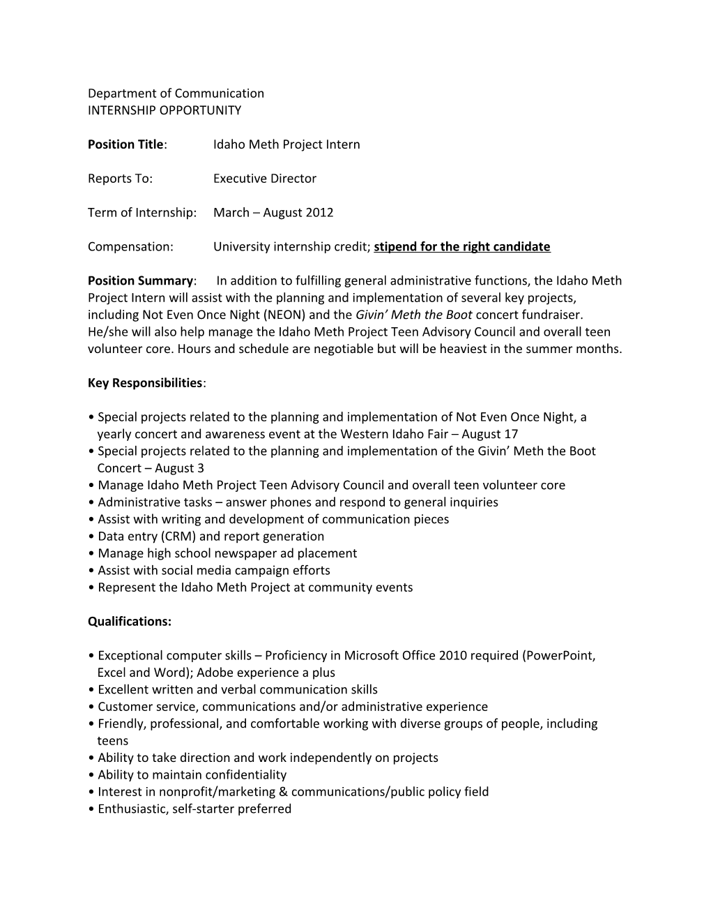 Position Title: Idaho Meth Project Intern