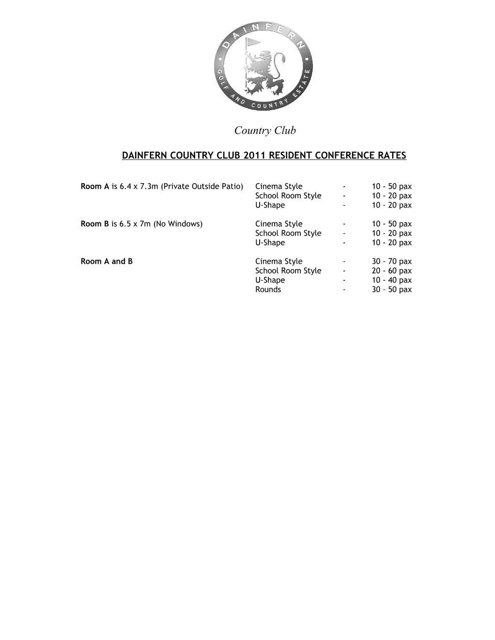 Dainfern Country Club 2011 Resident Conference Rates