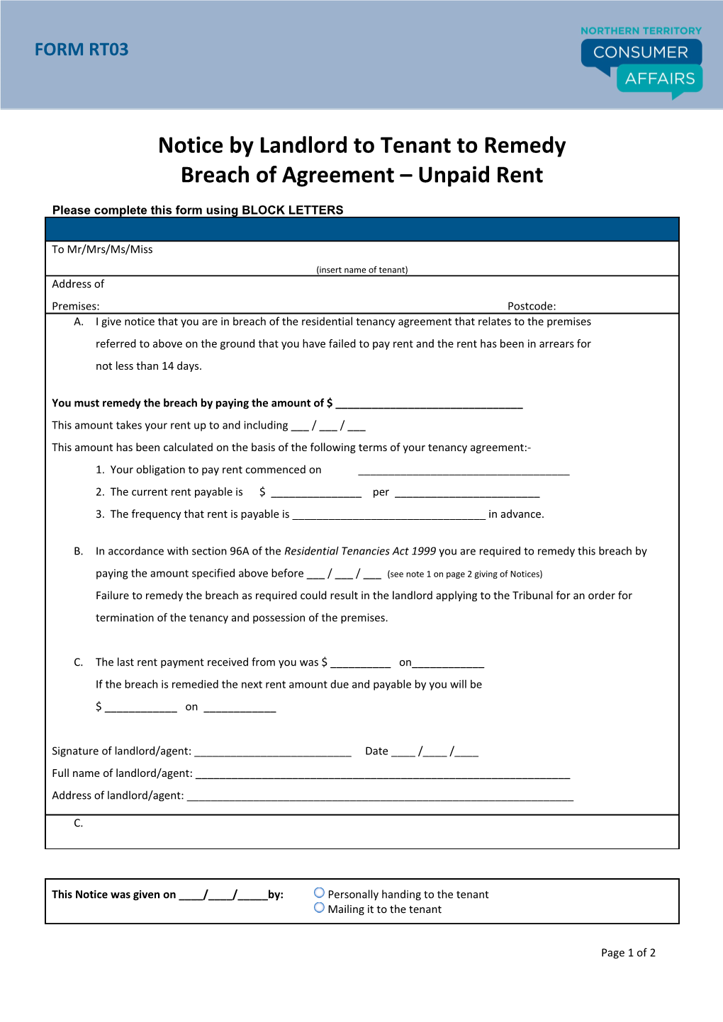 Form RT03 - Notice to Remedy Unpaid Rent