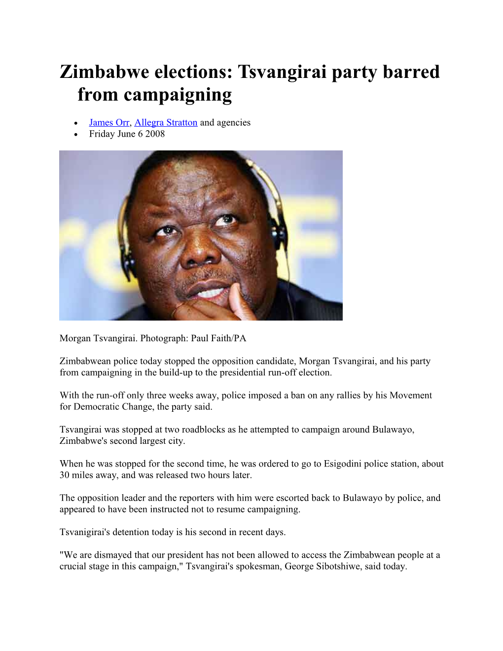 Zimbabwe Elections: Tsvangirai Party Barred from Campaigning