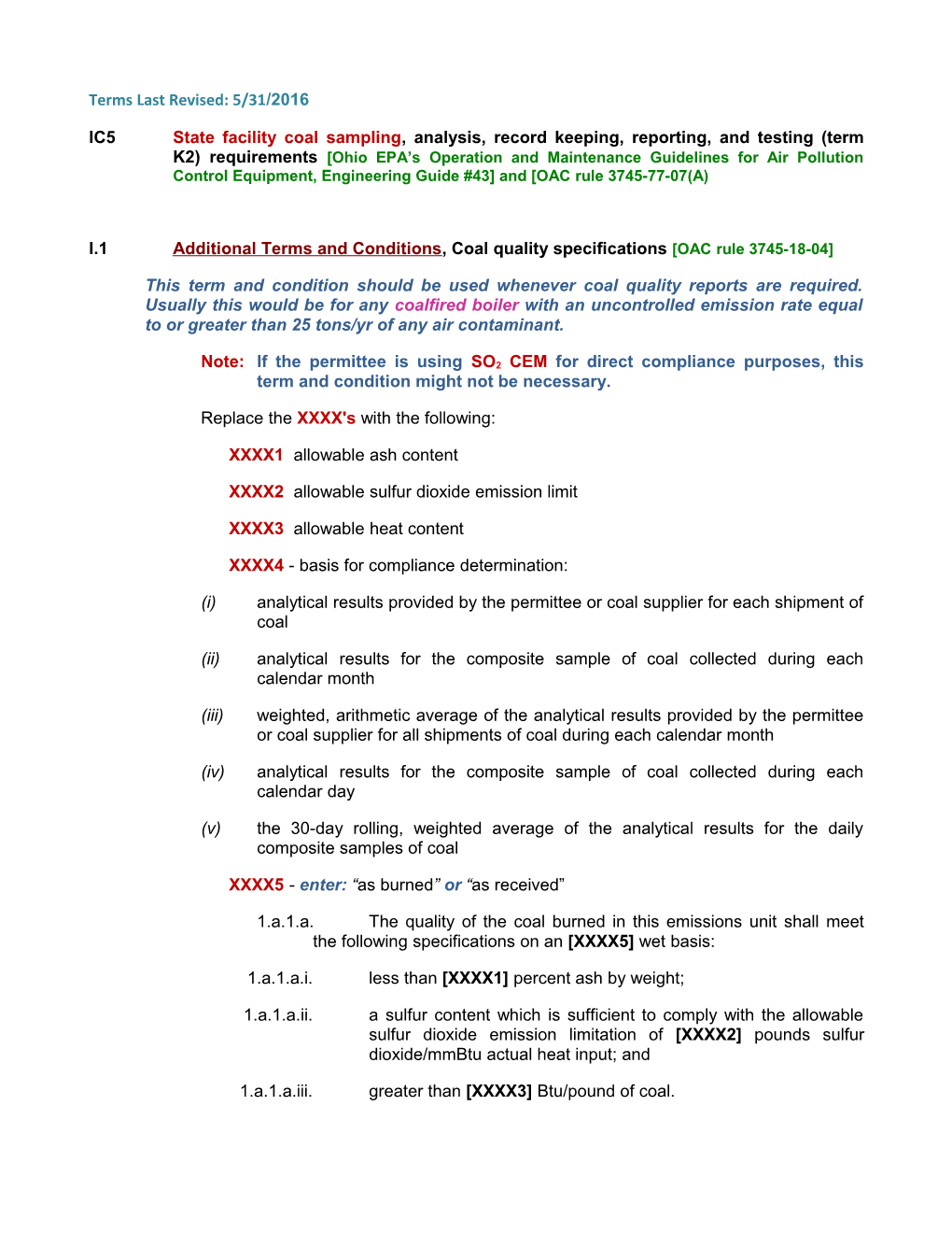 I.1Additional Terms and Conditions, Coal Quality Specifications OAC Rule 3745-18-04