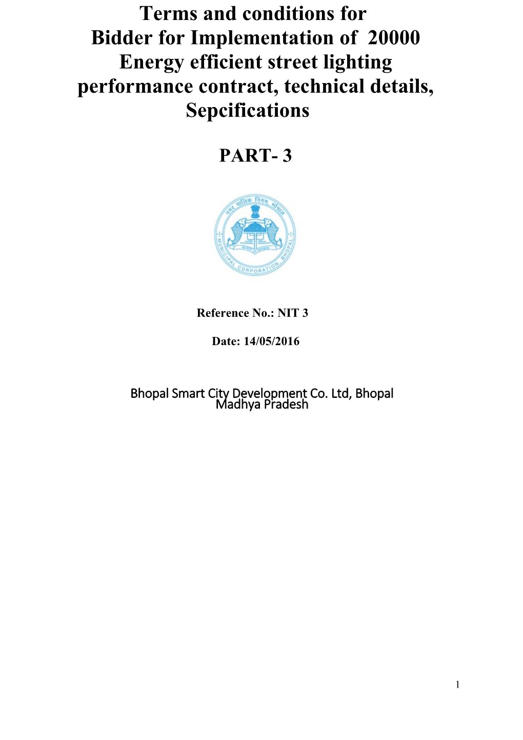 Tender Document for Energy Efficient Street Light Project in Bhopal City