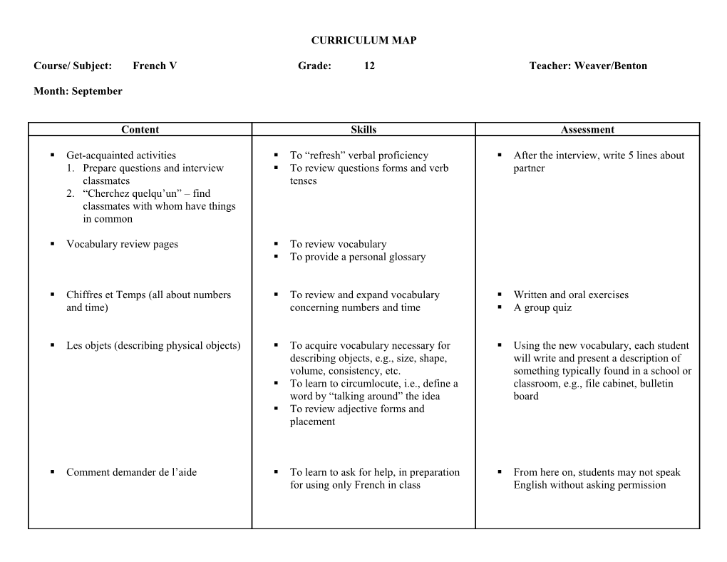 Course/ Subject:French Vgrade:12Teacher: Weaver/Benton