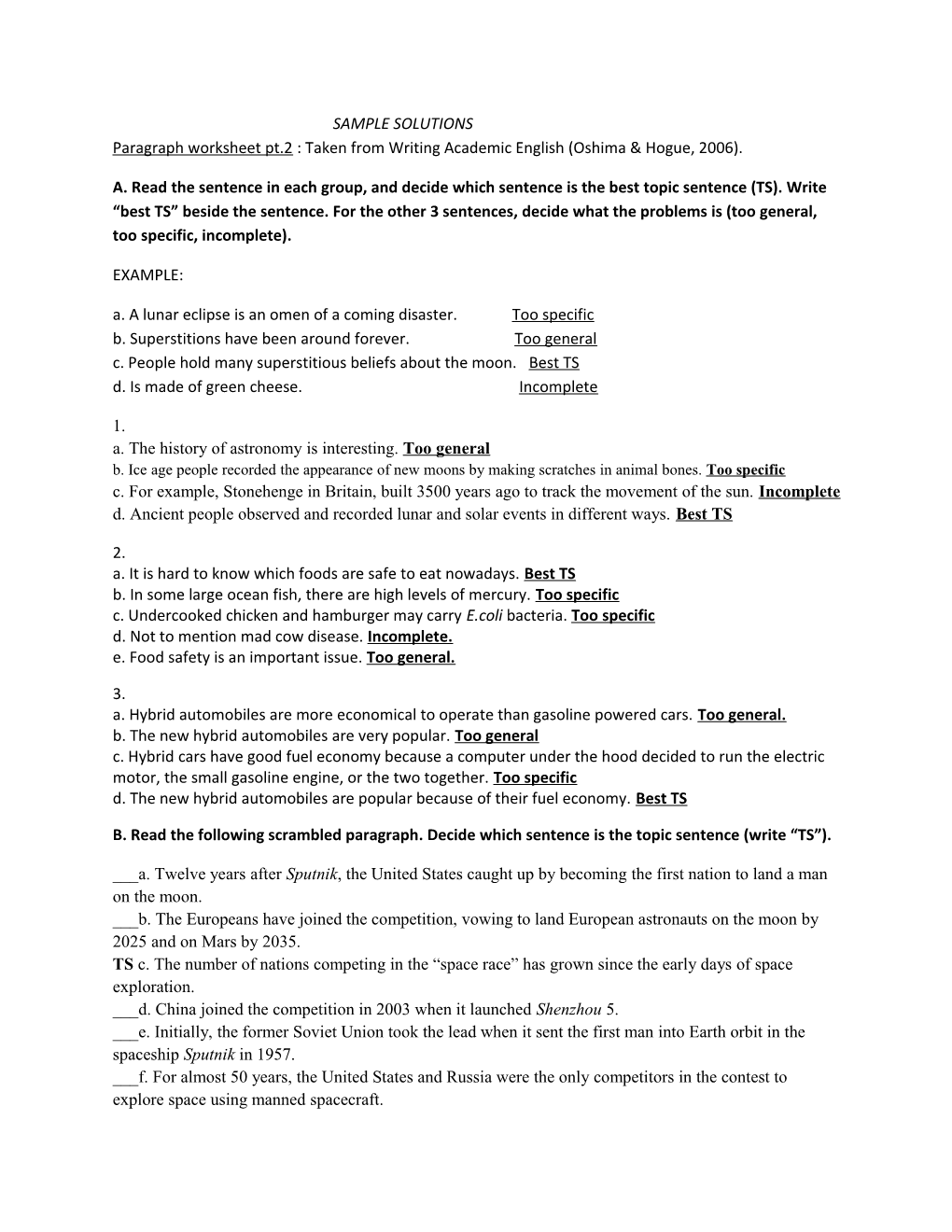 SAMPLE SOLUTIONS Paragraph Worksheet Pt.2 :Taken from Writing Academic English (Oshima