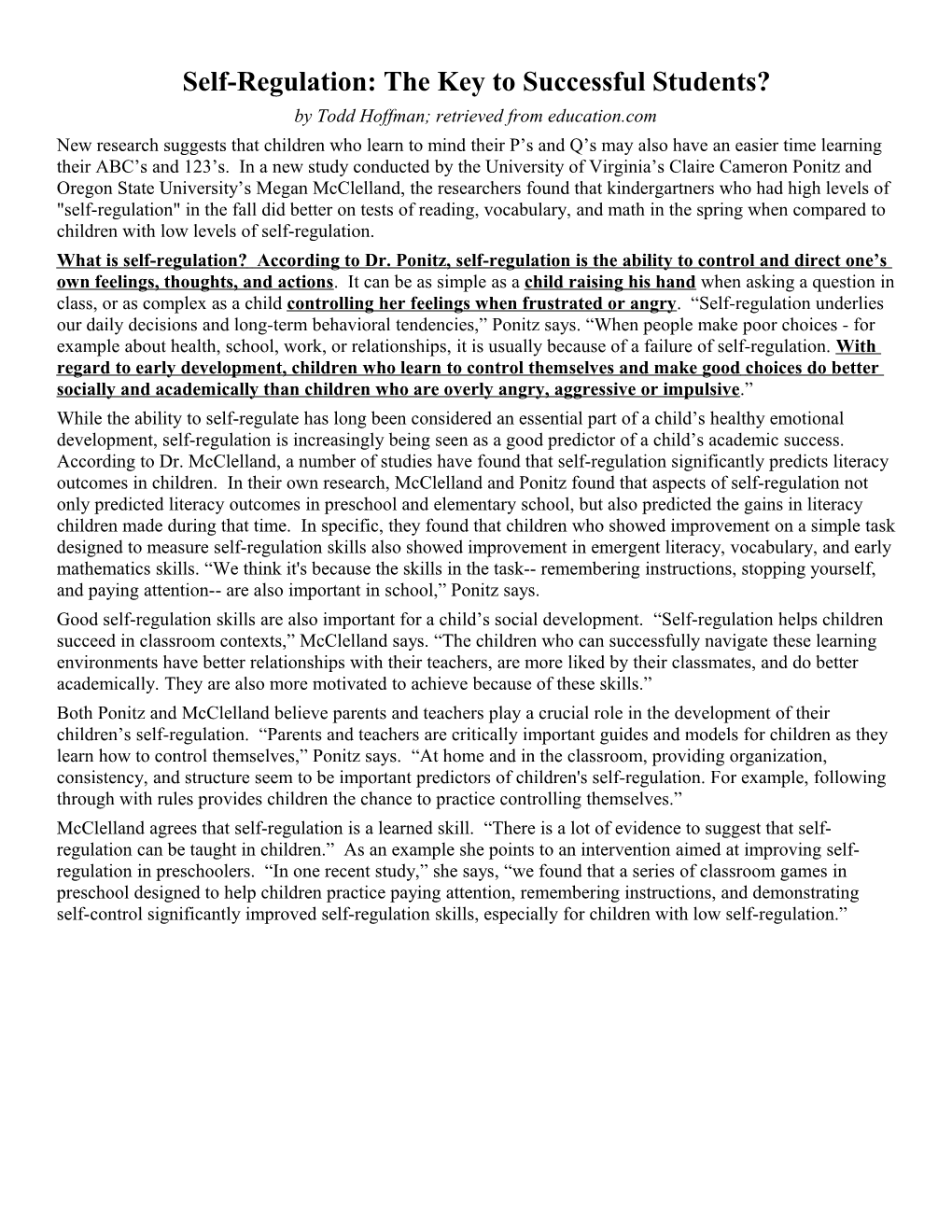 Self-Regulation: the Key to Successful Students?