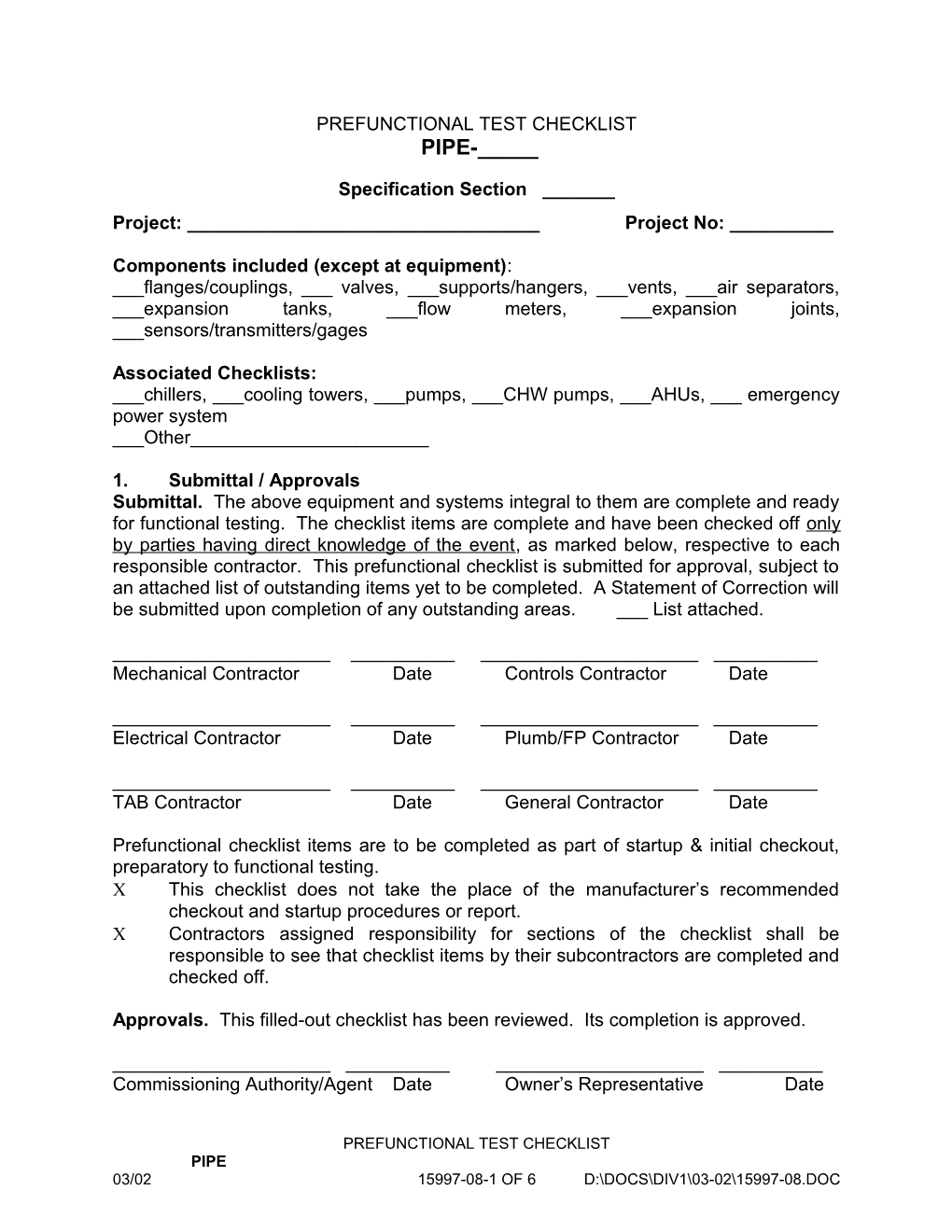 Prefunctional Test Checklist