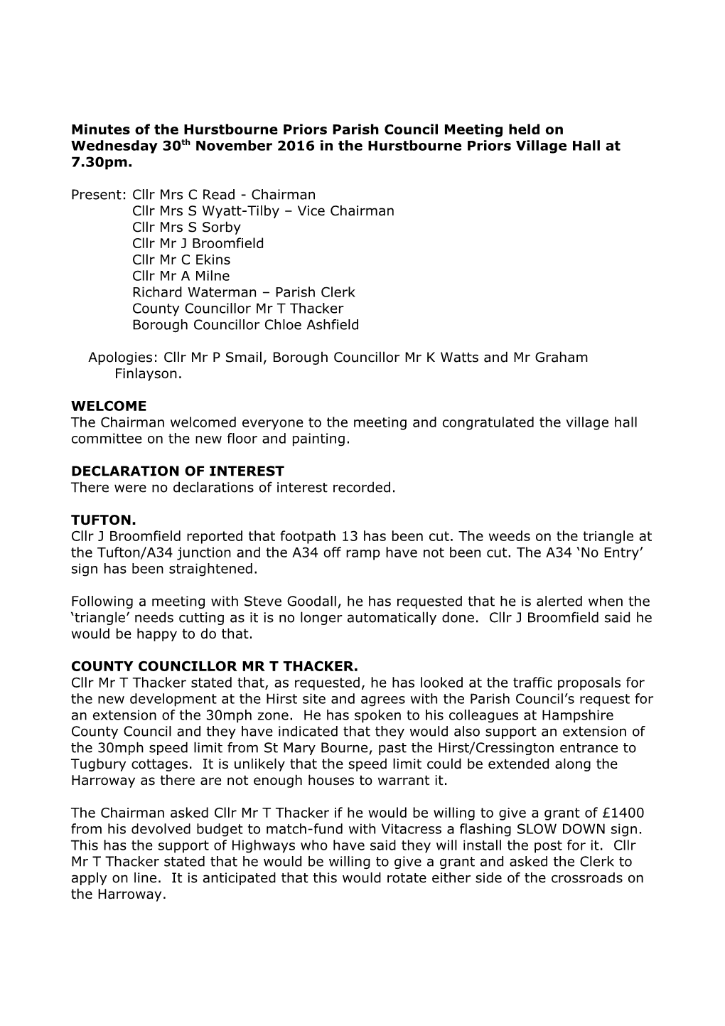 Minutes of the Hurstbourne Priors Parish Council Meeting Held on Wednesday 30Th November