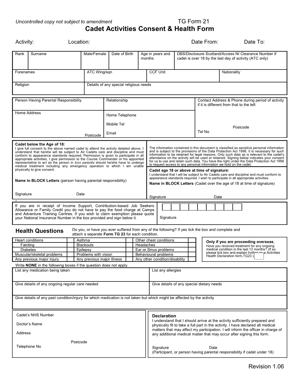 Cadet Activities Consent & Health Form TG21
