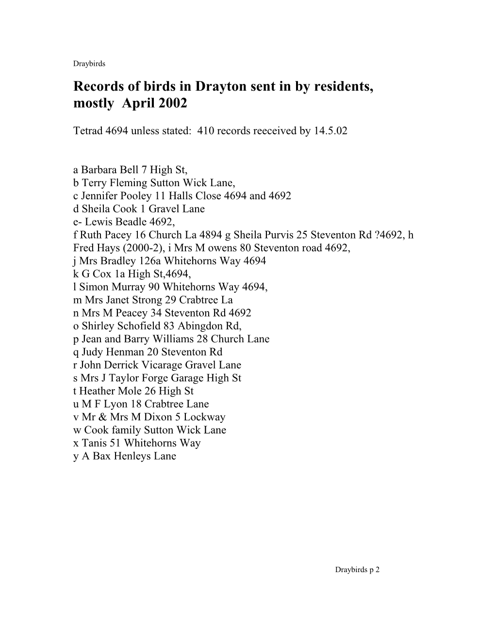 Records of Birds in Drayton Sent in by Residents