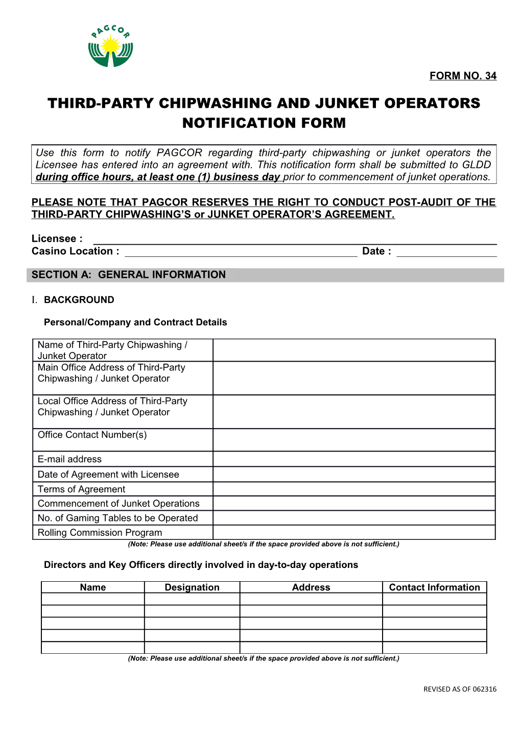 Third-Party Chipwashing and Junket Operators Notification Form