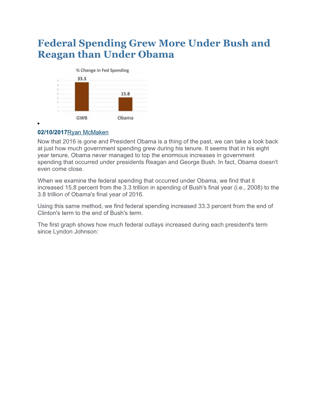 Federal Spending Grew More Under Bush and Reagan Than Under Obama