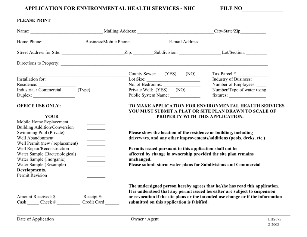 Application for Environmental Health Services - Nhc File No______