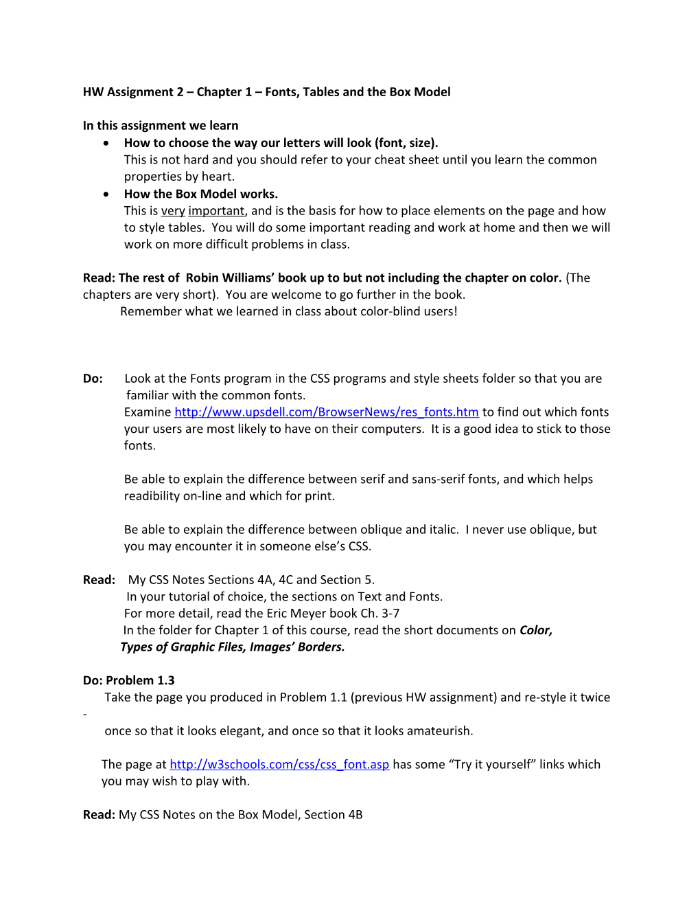 HW Assignment 2 Chapter 1 Fonts, Tables and the Box Model