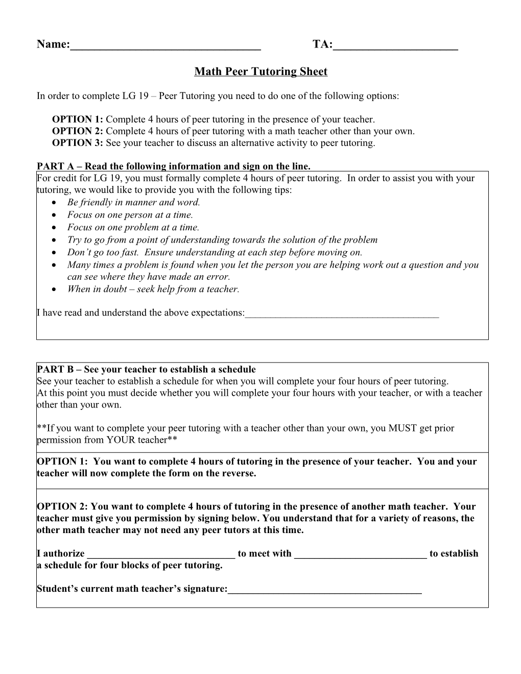 Math Peer Tutoring Sheet