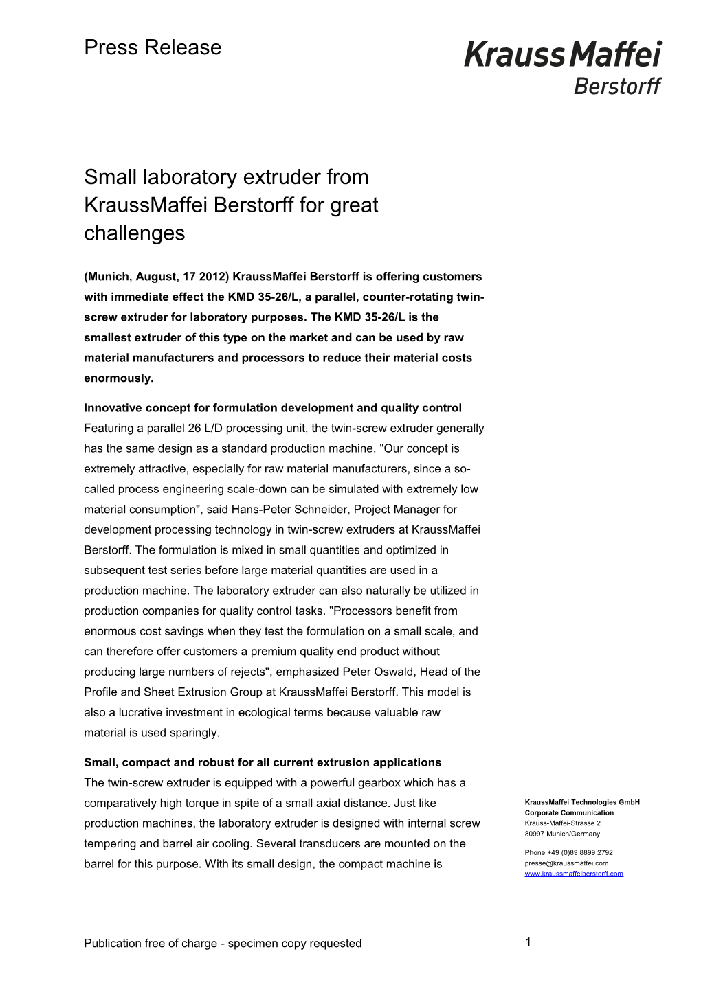 Small Laboratory Extruder from Kraussmaffei Berstorff for Great Challenges