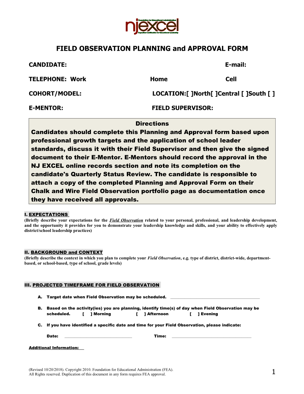 FIELD OBSERVATION PLANNING and APPROVAL FORM
