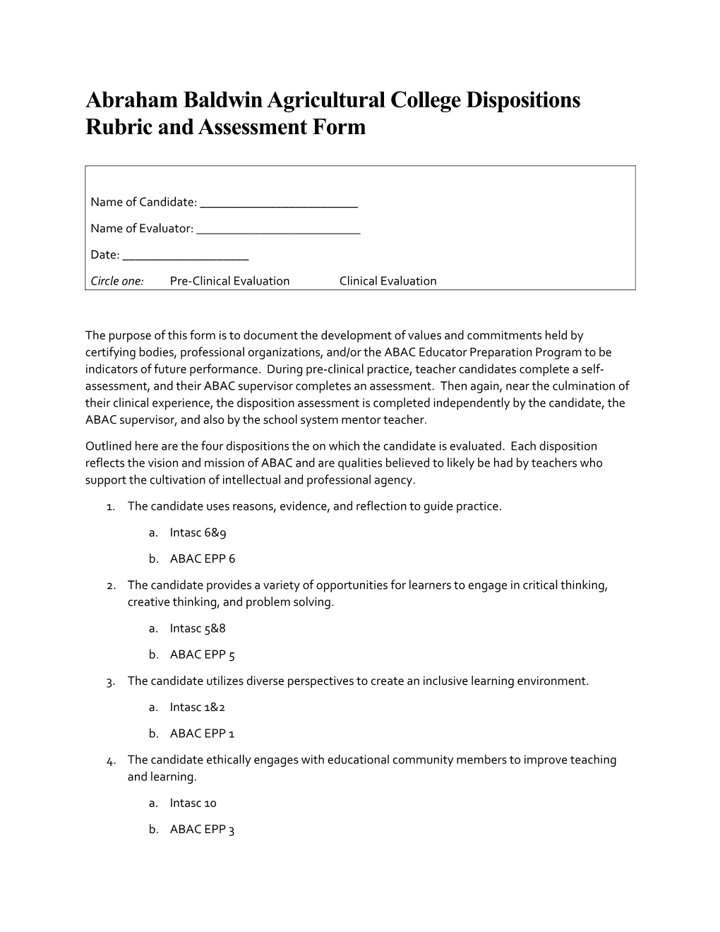 Abraham Baldwin Agricultural College Dispositions Rubric and Assessment Form