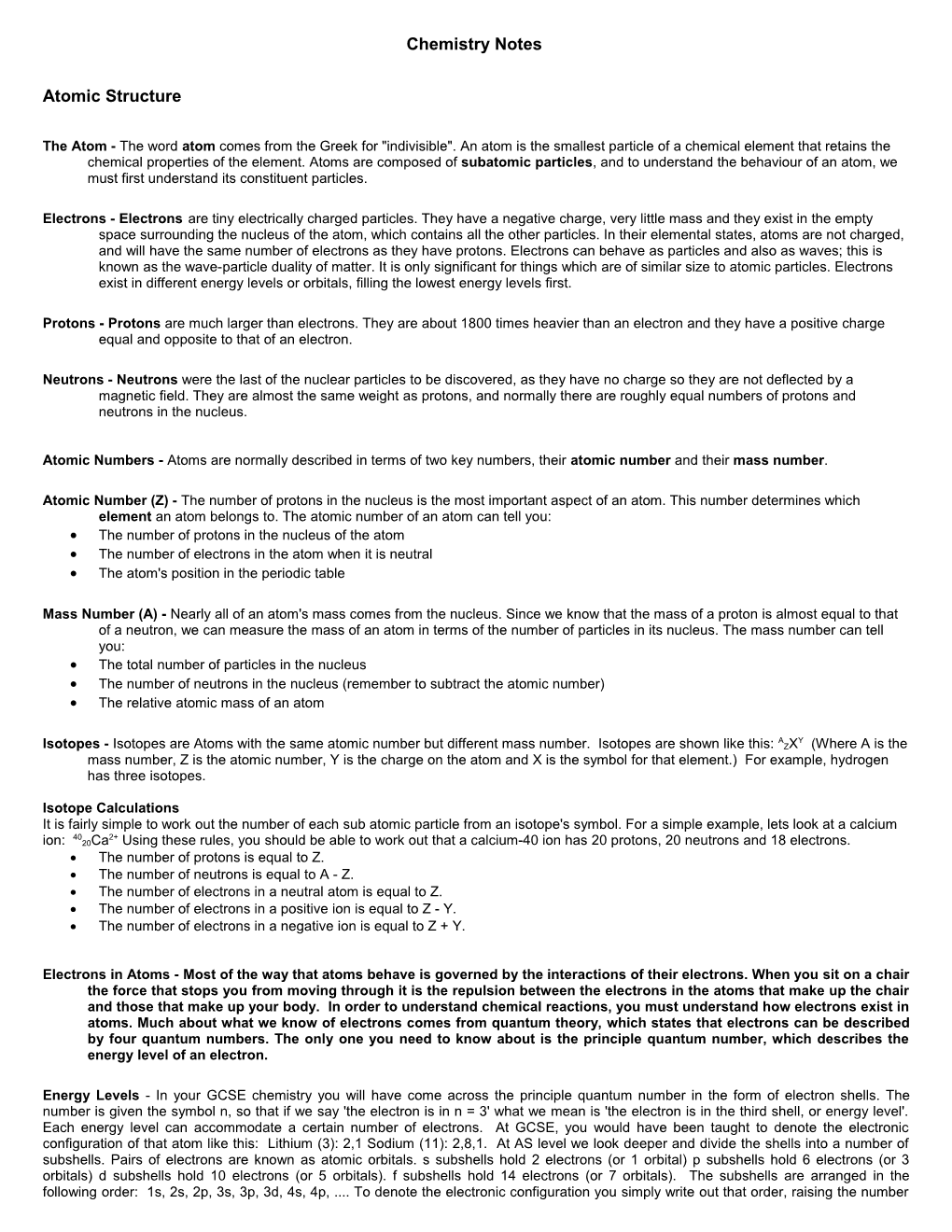 Miss Turner S Chemistry Notes Foundation Chemistry Atomic Structure