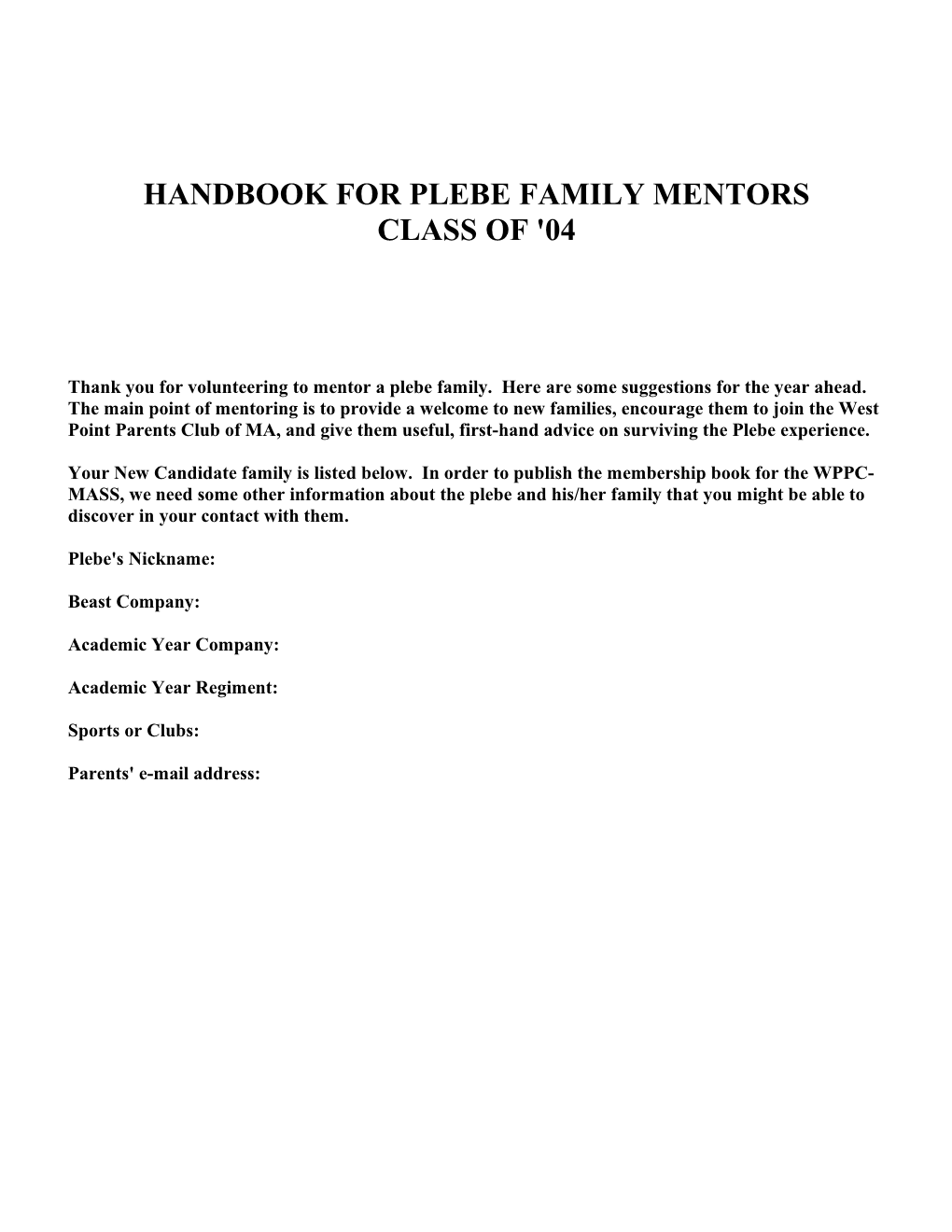 Handbook for Plebe Family Mentors Class of '04