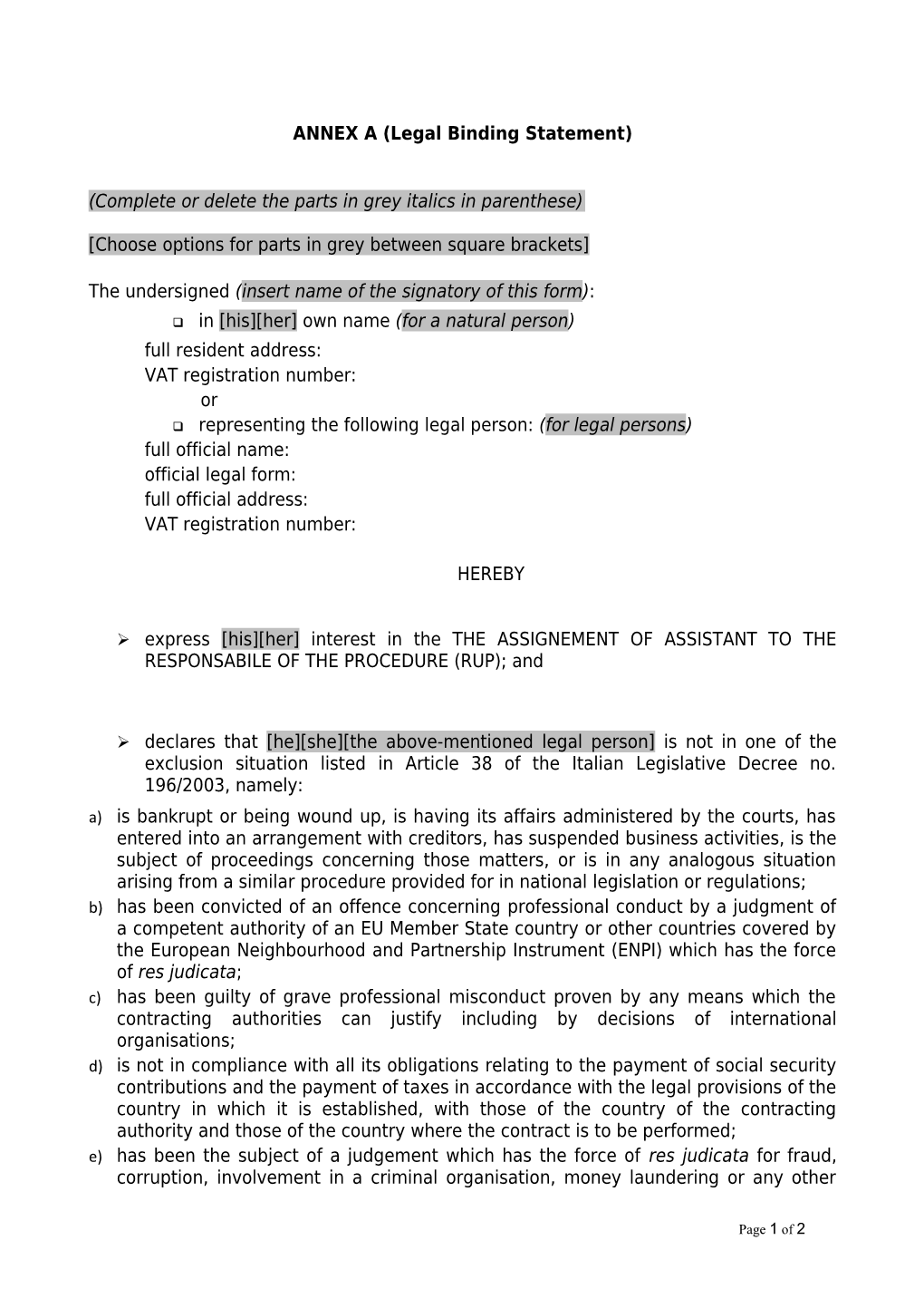 ANNEX a (Legal Binding Statement)