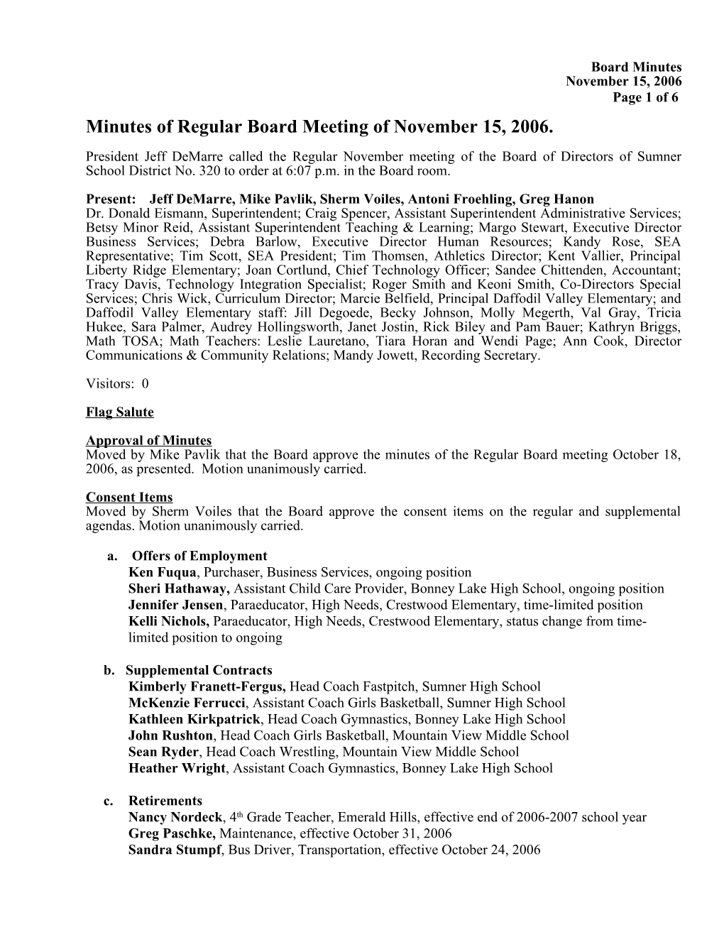 Minutes of Regular Board Meeting of November 15, 2006