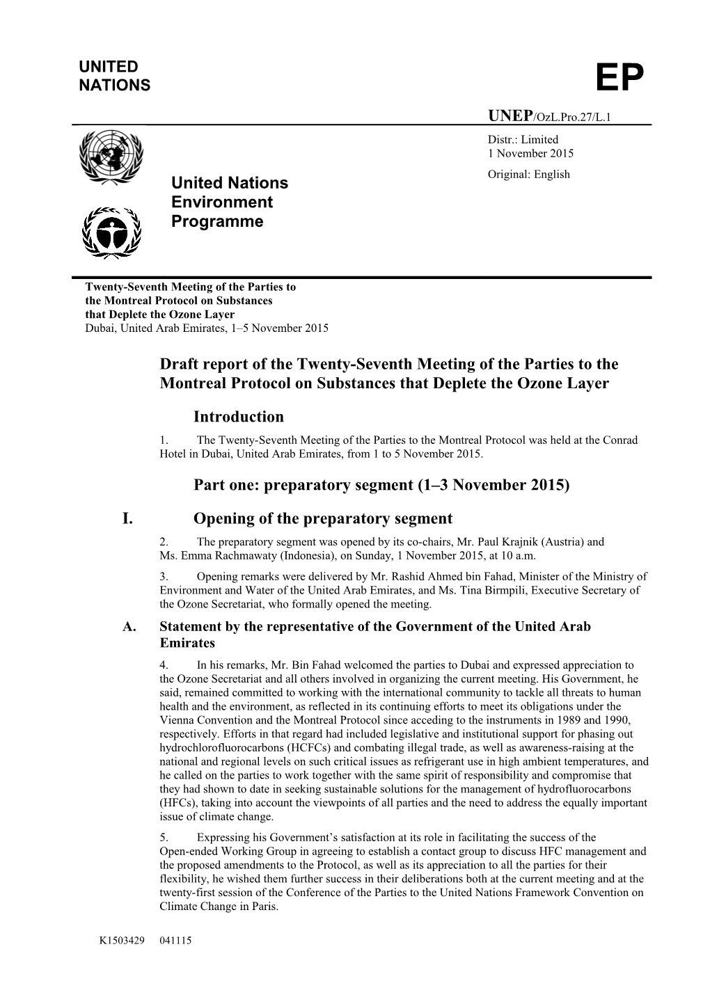 Draft Report of the Twenty-Seventh Meeting of the Parties to the Montreal Protocol on Substances