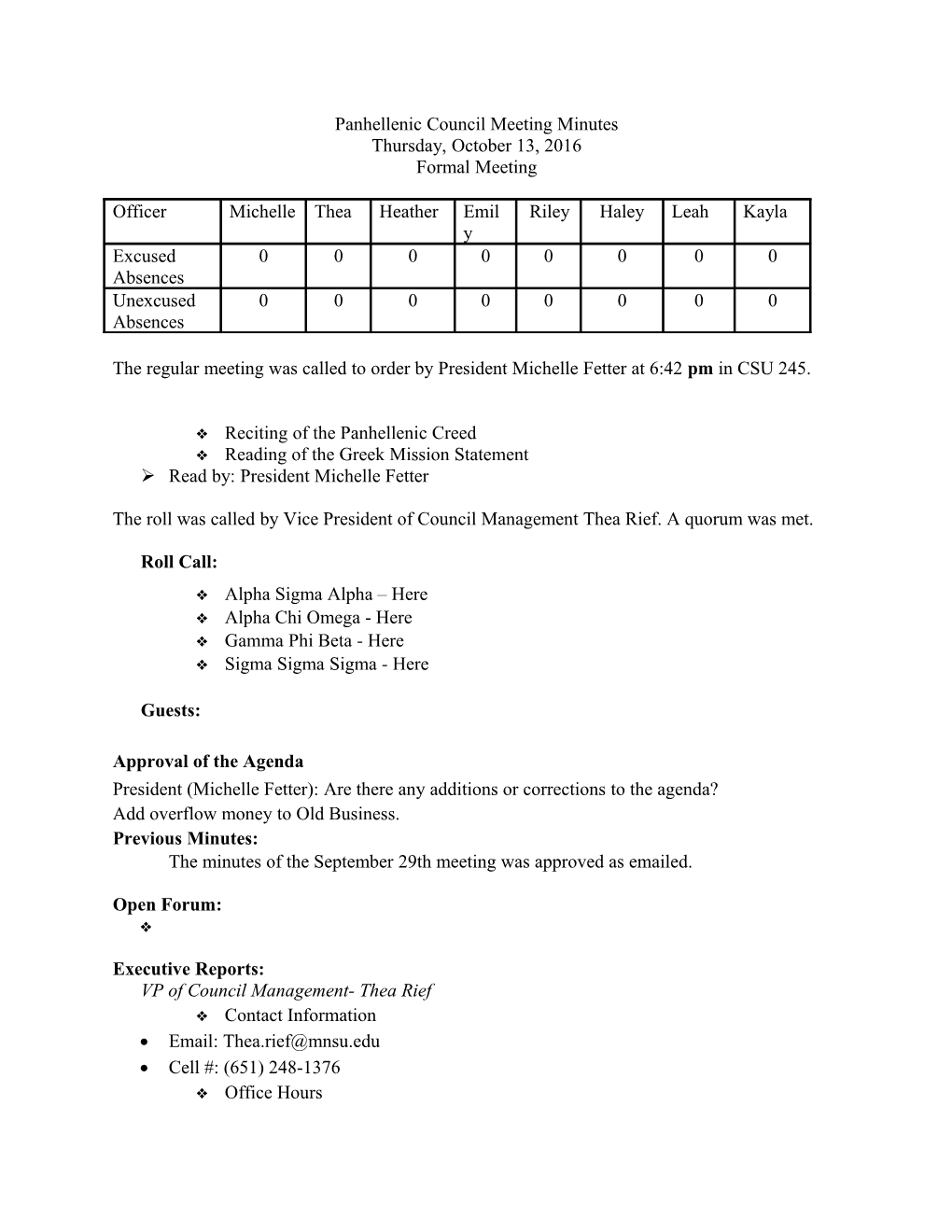 Panhellenic Council Meeting Minutes