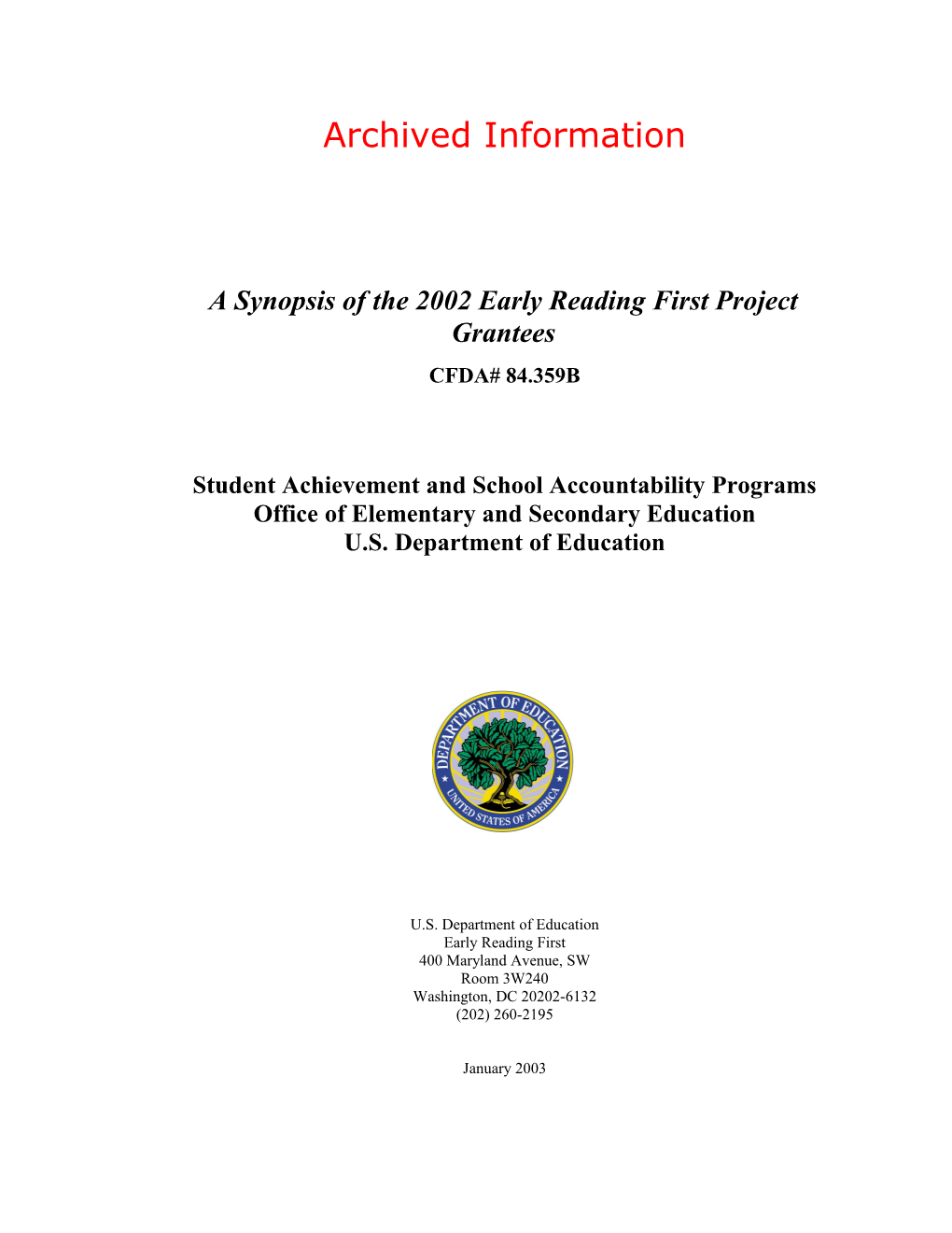 Archived: a Synopsis of the 2002 Early Reading First Project Grantees (MSWORD)