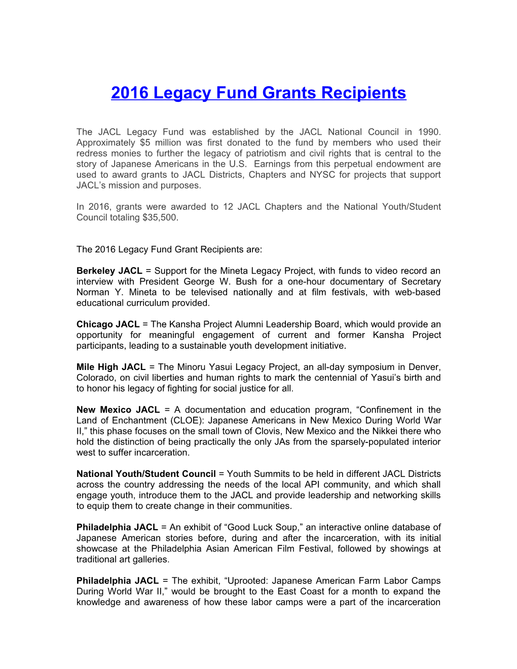 2016 Legacy Fund Grants Recipients