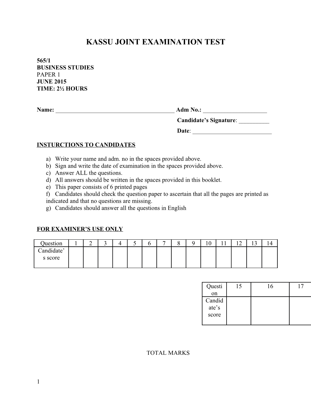 Kassu Joint Examination Test