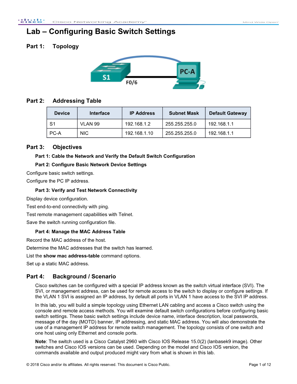 Lab Configuring Basic Switch Settings